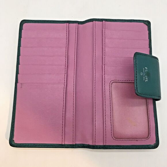 Fossil  Pebbled Leather Wallet Teal Green Bi-fold Zipper Pocket ID CC Cash Snaps - Picture 9 of 11